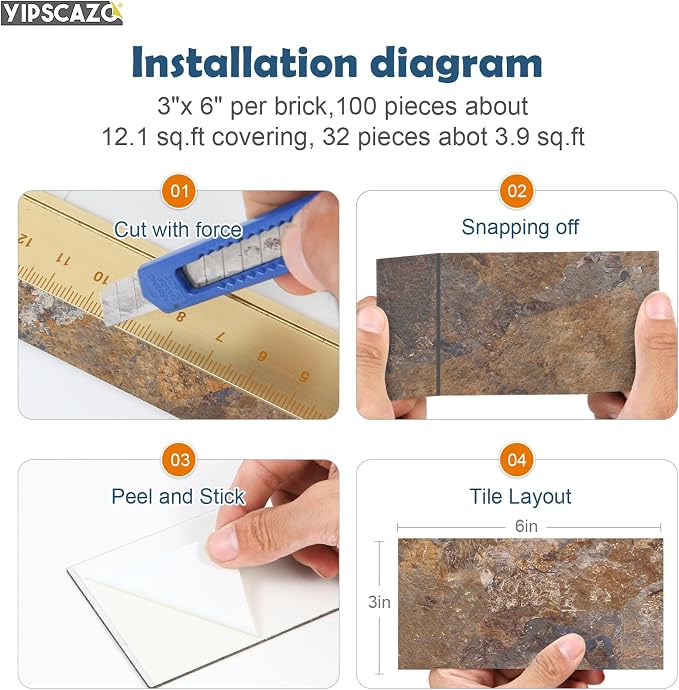 Yipscazo Peel and Stick backsplash 3 x 6 Inches 3D PVC Composite Wall Tile Stick on Backsplash Tile for Kitchen Bathroom, Laundry Room, Fireplace(Brown Stone, 160 Pieces)