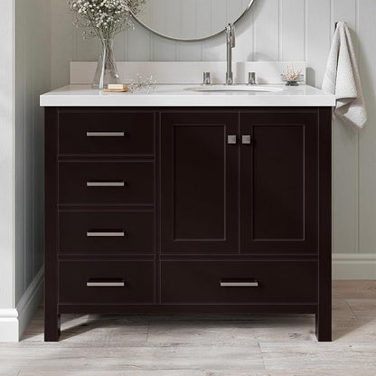 ARIEL Cambridge 42-inch Bathroom Vanity with Sink,Solid Wood, 1.5-inch Pure White Quartz Countertop & Backsplash, Single Oval Porcelain Sink, 2 Soft Closing Doors, 5 Dovetail Drawers, Espresso