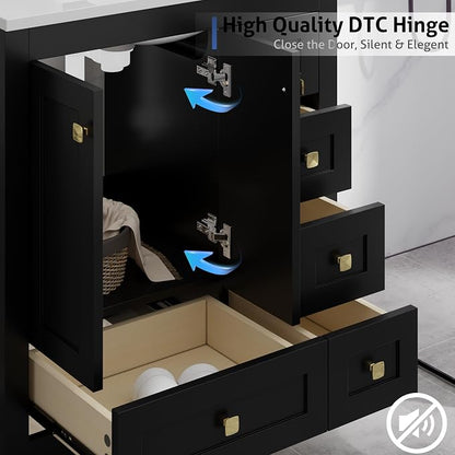 LUCKWIND 30" Bathroom Vanity and Sink Combos, Modern Bathroom Storage Painted Cabinet with Undercounter Resin Single Sink Top, Matte Black Faucet and 5 Drawers, Mirror Not Included, Black