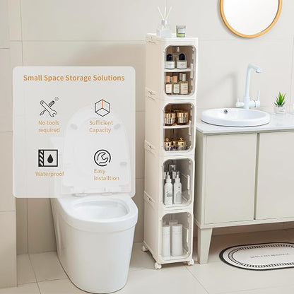 2-Tier Slim Narrow Bathroom Storage Cabinet, Cream White | Tool Free Assembly, Adjustable Shelves, Fits for Narrow Spaces, Reinforced Stability, Magnetic Clear Door