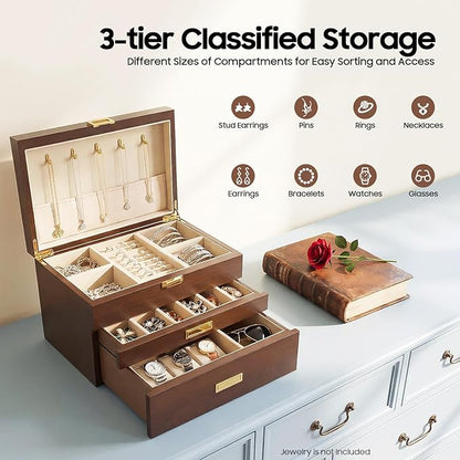 Wooden Jewelry Box for Women, 3 Layers Large Wooden Jewelry Organizer Box Watches Necklace Ring Storage Box for Women (Walnut 3 Layer)