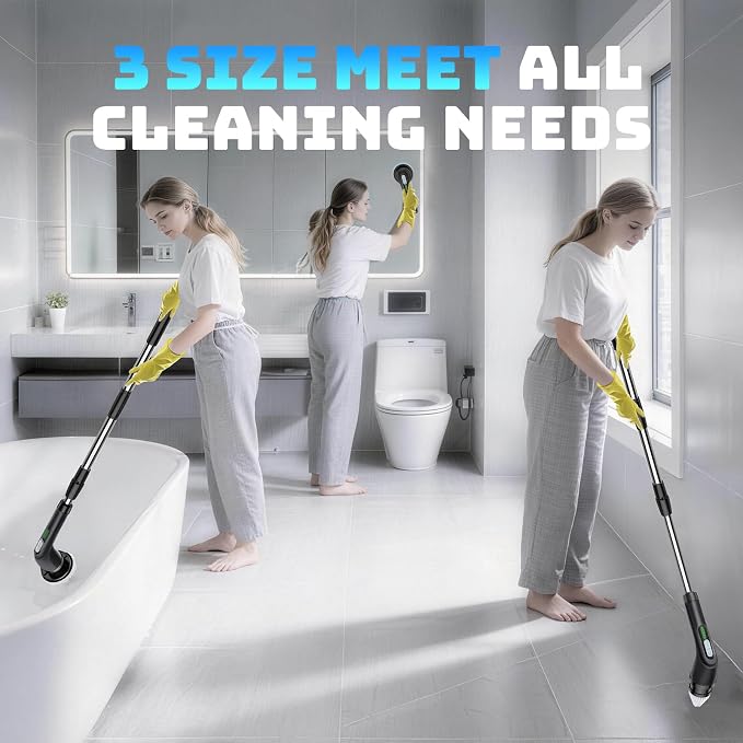 Electric Spin Scrubber, 2-Speed Cleaning Brush, Extendable Handle (Black) | Includes 7 reusable brush heads and an IPX7-rated design for cleaning bathrooms, showers, kitchens, tile, floors, and grout