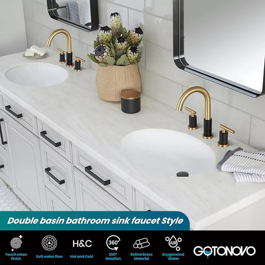 gotonovo 3 Hole 2 Handles Lavatory Basin Bathroom Sink Faucet with Pop Up Drain with Hot and Cold Mixer Valves 8 Inch Widespread Bathroom Faucet Matte Black & Gold