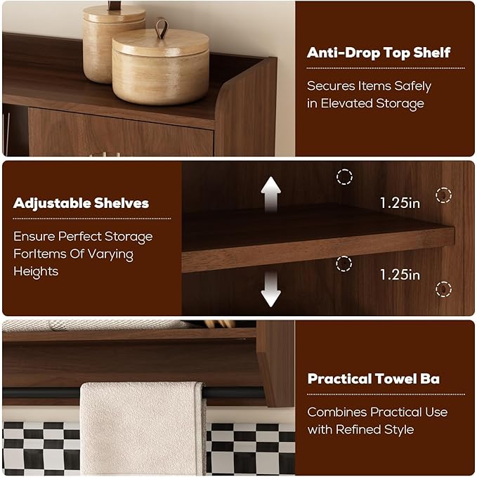 RUSTOWN Fluted Bathroom Wall Cabinet, Mid-Century Modern Medicine Cabinet with Adjustable Shelves & Towel Bar,3-Tier Wall Mounted Cabinets, Over The Toilet Storage Cabinets for Bathroom, Dark Walnut