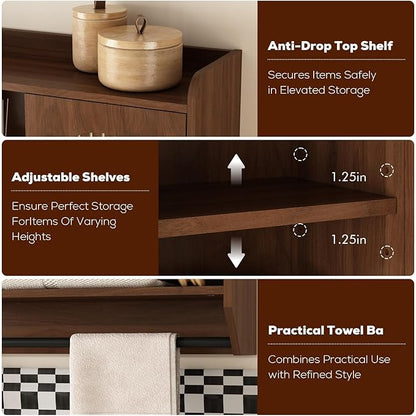 RUSTOWN Fluted Bathroom Wall Cabinet, Mid-Century Modern Medicine Cabinet with Adjustable Shelves & Towel Bar,3-Tier Wall Mounted Cabinets, Over The Toilet Storage Cabinets for Bathroom, Dark Walnut