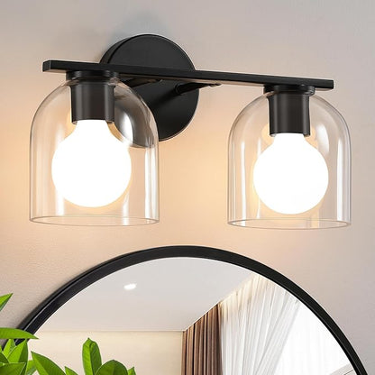 WOSHITU Bathroom Vanity Light Fixtures: 14.2 Inch Modern Black Vanity Lighting Fixtures Over Mirror with Clear Glass Shade, Matte Black 2 Light Fixtures for Bathroom Above Mirror, Wall Mount Sconces