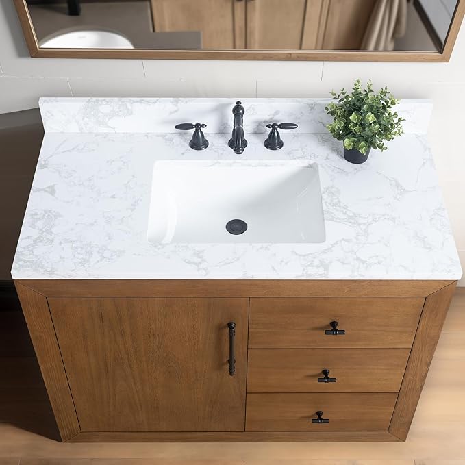 Vanity Art 42" Bathroom Vanity with Sink,Solid Poplar Wood, Vanity Cabinet with Doors and Shelf, Modern Wood Bathroom Vanity with White Marble Top, 2 Right Functioning Shaker Drawer, VA70-42-T-E