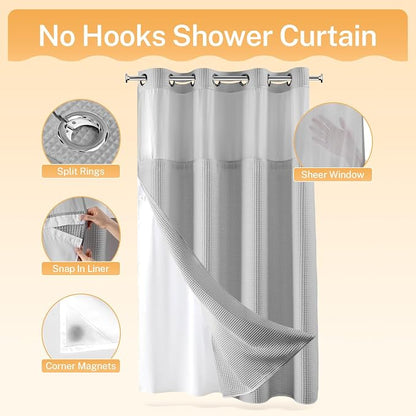 River Dream Cotton Blend Fabric Shower Curtain Set with Liner, Gray, 54x80 | Waffle Weave, No Hook Needed, with Snap in Replacement Liner, Top Sheer Window, Hotel Quality Fabric for Bathroom