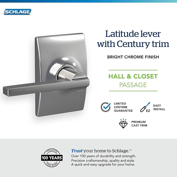 Schlage F10 LAT 625 CEN Latitude Door Lever with Century Trim, Hall & Closet Passage Lock, Bright Chrome