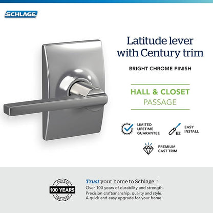 Schlage F10 LAT 625 CEN Latitude Door Lever with Century Trim, Hall & Closet Passage Lock, Bright Chrome