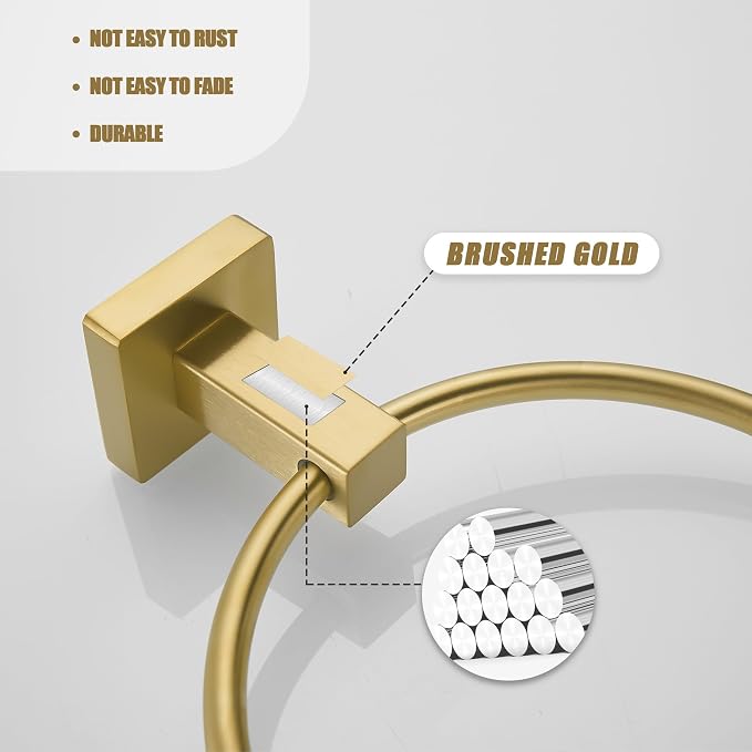 Leyden Gold Toilet Paper Holder Hand Towel Holder, Brushed Brass Toilet Roll Holder Towel Ring, Modern Bathroom Hardware Set Stainless Steel Wall Mounted 2 Pieces