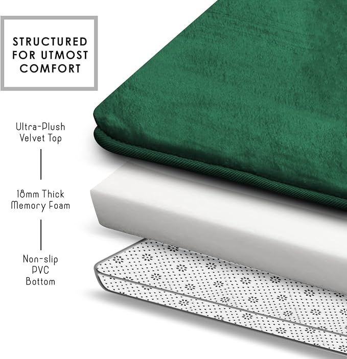 Clara Clark 2 Piece Bathroom Rugs Bath Mat Set, Velvet Memory Foam Bath Mats for Bathroom - Non-Slip, PVC Backing Bath Rugs, Washable - Dries Quickly, Hunter Green