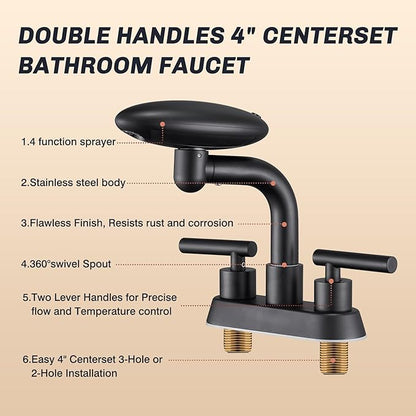 Matte Black Bathroom Sink Faucet，Modern 3 Hole Bathroom Faucet 2 Handle 4 Inch Centerset with 4 Water Outlet Modes, 360° Swivel Spout & Pop-Up Drain