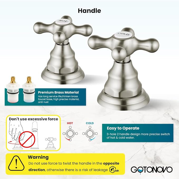 gotonovo Widespread Bathroom Sink Faucet 3 Hole Brushed Nickel,H&C Label | Vintage 8’’ Bathroom Faucet,2 Cross Handle,6-16’’ Sink,Vanity,RV,Farmhouse,SUS304,24’’ cUPC Hose,Pop Up Drain,Deck Mount