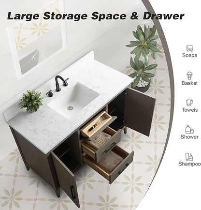 HomeBeyond 48 Inch Bathroom Vanity with Sink & Ceramic Top, Single Vanity Cabinet with Basin, Soft-Closing Doors & Matte Black Hardware, Driftwood Gray