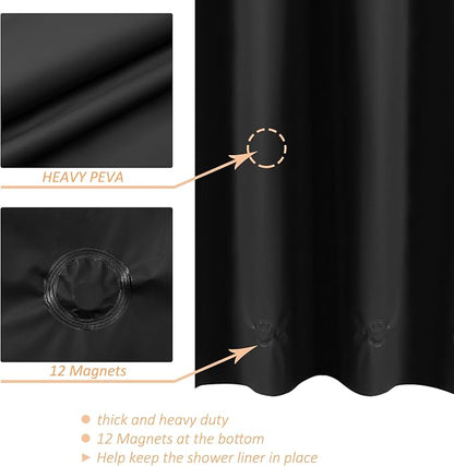 Mrs Awesome 180x70 Extra Wide Size Shower Curtain Liner Black | 12 Bottom Magnets,36 Hooks,32 Rustproof Grommets,Water Proof Heavy Duty PEVA,180W x 70H for Clawfoot Bathtub