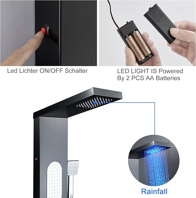 MENATT LED Shower Panel Tower System Stainless Steel,5 in 1 Shower Panels with 4 pcs Body Massage Jets,Body Waterfall Spray,Handheld Shower and Tub Spout,Black