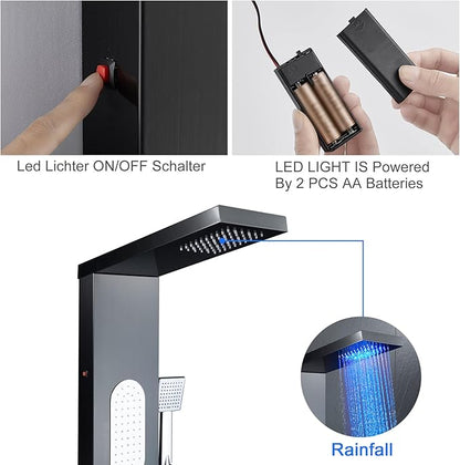 MENATT LED Shower Panel Tower System Stainless Steel,5 in 1 Shower Panels with 4 pcs Body Massage Jets,Body Waterfall Spray,Handheld Shower and Tub Spout,Black