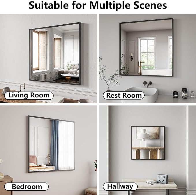 Koonmi Bathroom Mirror for Wall, 30"x30" Black Bathroom Mirror for Over Sink, Shatterproof Tempered Glass Vanity Mirror with Anti-Rust Aluminum Alloy Frame, Hang Horizontally or Vertically