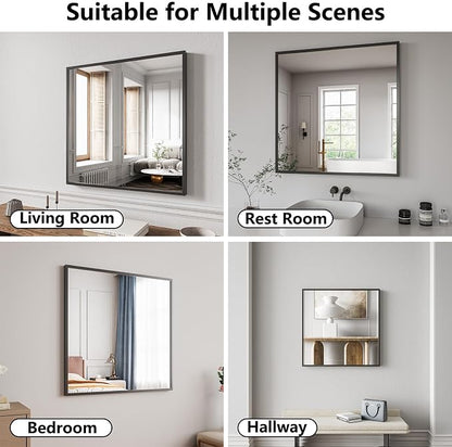 Koonmi Bathroom Mirror for Wall, 30"x30" Black Bathroom Mirror for Over Sink, Shatterproof Tempered Glass Vanity Mirror with Anti-Rust Aluminum Alloy Frame, Hang Horizontally or Vertically