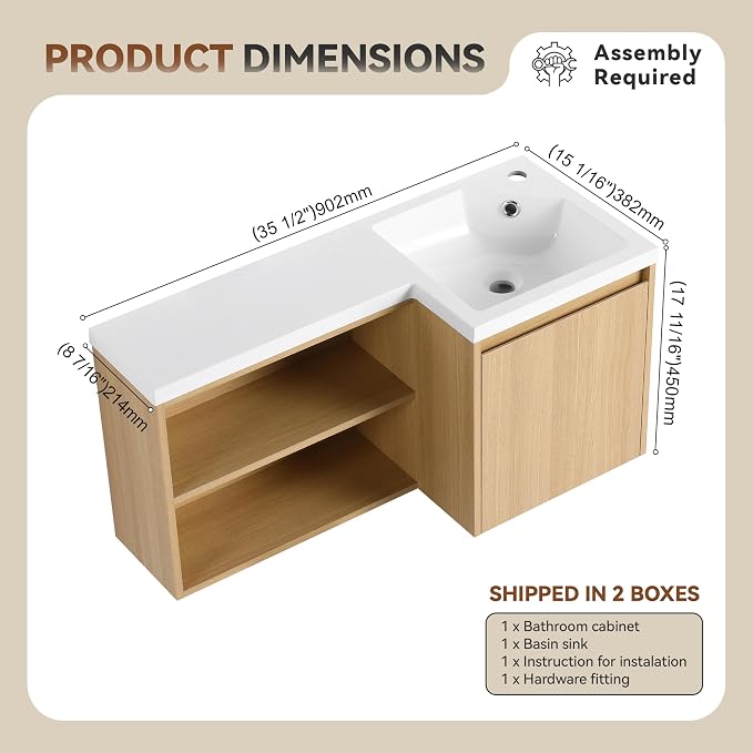 KEIKI 35.5" Corner Floating Bathroom Vanity with Resin Gel Coat Integrated Sink, L-Shaped Wall-Mounted Vanity, Soft-Close Door & Left Open Shelves, Space-Saving Modern Vanity, Oak Finish, Apricot‌1