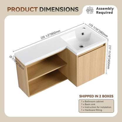 KEIKI 35.5" Corner Floating Bathroom Vanity with Resin Gel Coat Integrated Sink, L-Shaped Wall-Mounted Vanity, Soft-Close Door & Left Open Shelves, Space-Saving Modern Vanity, Oak Finish, Apricot‌1