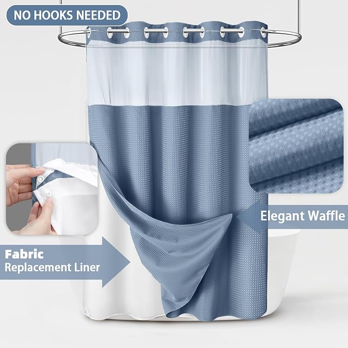 No Hook Shower Curtain and Liner Set,Sky Blue Hotel Waffle Shower Curtain with Liner 75" L x 72" W