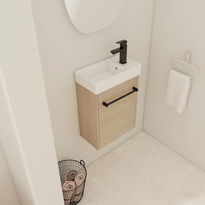 KEIKI 16'' Bathroom Vanity Cabinet with Sink, Wall Mounted Floating Bathroom Vanity with Soft-Close Cabinet Door, for Small Bathroom, Light Oak
