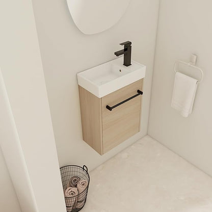 KEIKI 16'' Bathroom Vanity Cabinet with Sink, Wall Mounted Floating Bathroom Vanity with Soft-Close Cabinet Door, for Small Bathroom, Light Oak