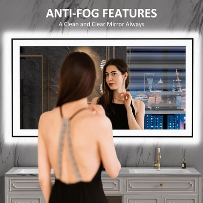 LOAAO 55"X30" LED Bathroom Mirror Black Framed | Anti-Fog, Dimmable, Memory Function, Tempered Glass, Lighted Vanity Mirror for Wall