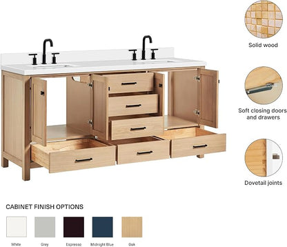 ARIEL Cambridge 72-inch Bathroom Vanity with Sink,Solid Wood, 1.5-inch Pure White Quartz Countertop, Double Rectangular Porcelain Sink, 4 Soft Closing Doors, 6 Dovetail Drawers, White Oak