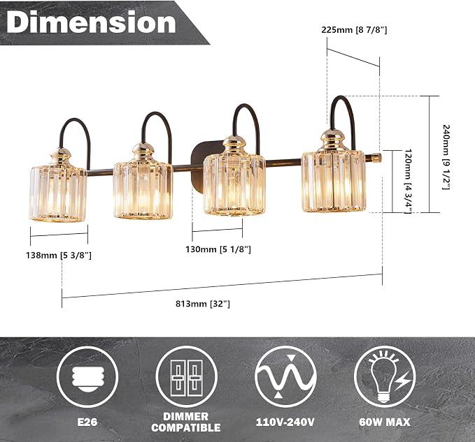 4-Light Bathroom Light Fixtures, Crystal Vanity Lights for Bathroom Modern Wall Light Fixture Above Mirror