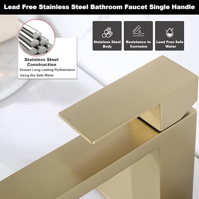 Brushed Gold Bathroom Faucets Single Hole, Single Handle Stainless Steel Faucet for Bathroom Sink with Pop Up Stopper, Gold Vanity Faucet AML-1141-BG
