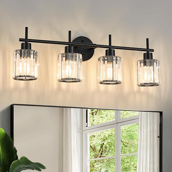Black Bathroom Light Fixtures, Round, 4-Light | Vanity Lights with Crystal Shades, Modern Bathroom Lighting Fixtures over Mirror (Bulbs Not Included, E26)
