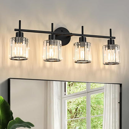 Black Bathroom Light Fixtures, Round, 4-Light | Vanity Lights with Crystal Shades, Modern Bathroom Lighting Fixtures over Mirror (Bulbs Not Included, E26)