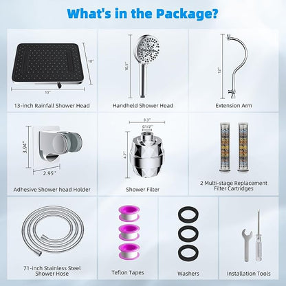 Hibbent 13'' Filtered Shower Head with 10-Spray Handheld, Chrome | 5 Modes Rainfall Shower Head, High Pressure Showerhead Combo, 20 Stage Shower Filter, 12'' Extension Arm, 71'' Hose & Holder