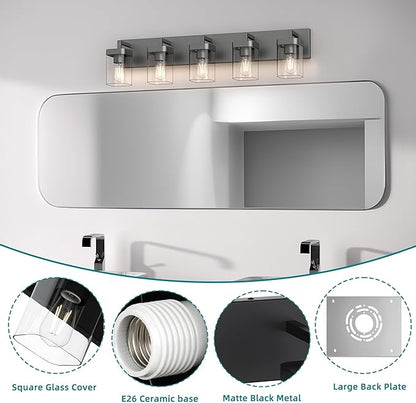Bathroom Vanity Light, Square Design 5 Lights Morden Bathroom Lighting Fixtures Over Mirror, Black Vanity Light for Living Room/Bedroom