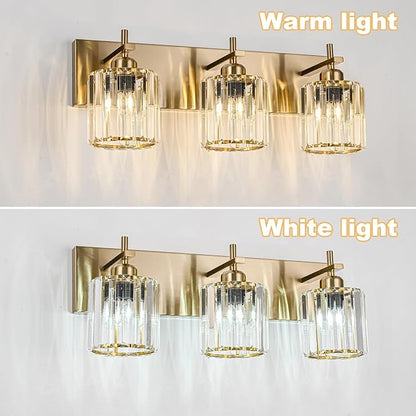 Modern Crystal Bathroom Vanity Lights, Gold 3-Lights Bathroom Light Fixtures Over Mirror, Crystal Wall Lighting with Polished Brass Finish