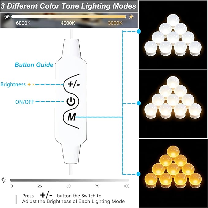 LED Voice-Activated Vanity Lights for Mirror Consciot Hollywood Style Vanity Lights with 10 Dimmable Bulbs
