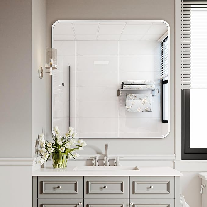 Bathroom Vanity Mirror, Silver Framed Mirror for Over Sink, 30x30 | HD glass, distortion-free for makeup and grooming, Sturdy frame, all mounting hardware, hangs horizontal or vertical