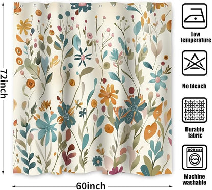 Colorful Floral Shower Curtain, Wildflower Plant Leaves Cute Flower Spring Herbs Waterproof Fabric Machine Washable for Bathroom Bathtub with Hooks 60Wx72H