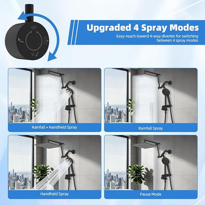 12" Metal Rain Shower Head with Handheld, 10-Mode with Filter, Easy Reach | Oil Rubbed Bronze, High-Pressure Rainfall Showerhead, 4-Way Diverter Pause Mode, Adjustable 16" Extension Arm/71" Hose/Holder