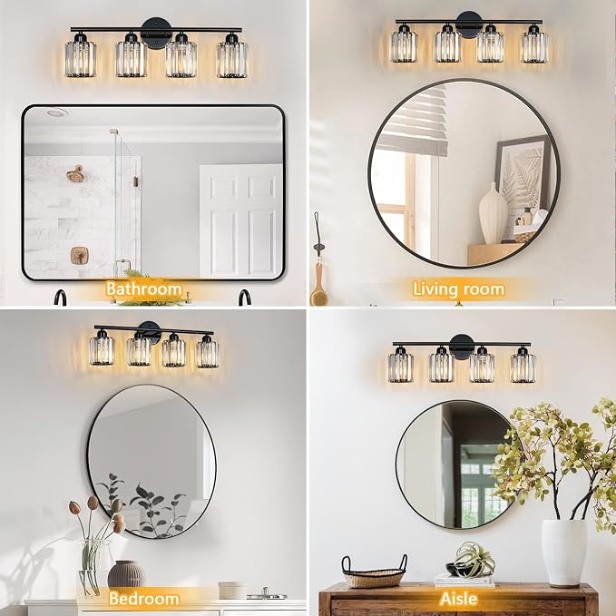 Modern 4 Light Crystal Vanity Light, Plating Black Vertical Bathroom Light Fixture Over Mirror for Dressing Table Sink, Compatible with Dimmable Bulbs (Bulbs Not Included)