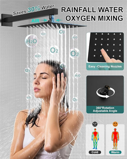 Shower Faucet Set Rainfall Shower System with Square Showerhead and Handle Set Fixture with 2 in 1 Function Handheld Sprayer Wall Mounted Trim Repair Kit Rough-in Valve 8 Inch Matte Black