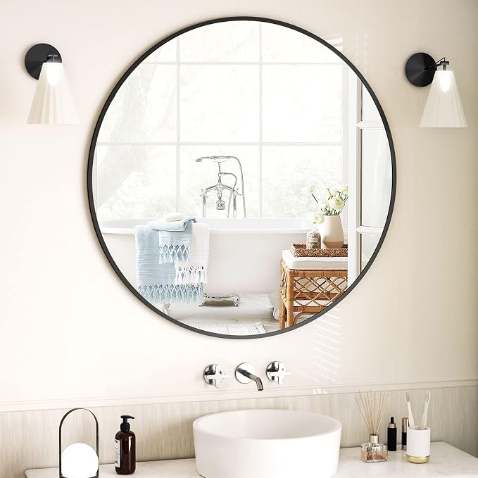 Round Mirror 28" Black Wall Mounted Circle Mirrors Vanity Mirror with Aluminum Alloy Frame Modern Decoration for Bathroom, Living Room, Vanity, Bedroom, Entryway