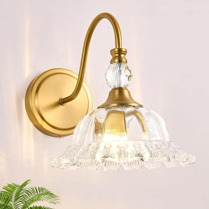 Brushed Gold Bathroom Vanity Light Single-Head Wall Sconce with Floral Crystal Glass Shade Vintage Bathroom Light Fixtures for Bedroom,Hallway & Bedside(Exclude E26 Bulb)