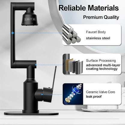 Stainless Steel Bathroom Sink Faucet, 1080° Rotatable, Matte Black | Fit 1 Hole Sink, 4 Water Outlet Modes, Three-stage Rotating Design, Flexible Adjustment, Anti-Rust, No Leakage, Single Handle
