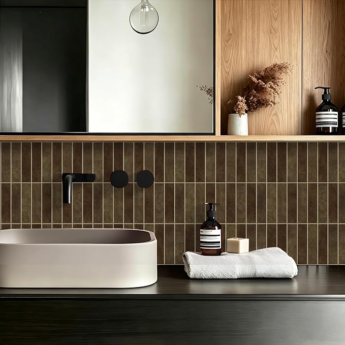 MORCART 20PCS 11.8"x11.8" Peel and Stick Backsplash, Wall Tiles, Dark Brown | 3D Adhesive Waterproof Wall Tiles for Kitchen, Bathroom, Living Room, Laundry Room, Subway Tiles