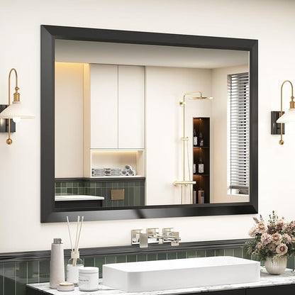 SMIROR 48x36 Matte Black Bathroom Vanity Mirror for Over Sink | Metal Wide Frame, Rectangle, Right- Angle Corner, Anti-Rust, Horizontally or Vertically Wall- Mounted for Home Remodel