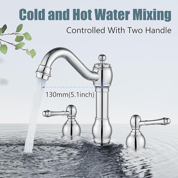 Aolemi 8 Inch Widespread Bathroom Sink Faucet 3 Hole Deck Mount Vanity Basin Mixer Tap with Pop Up Drain Assembly Polish Chrome Double Lever Handle